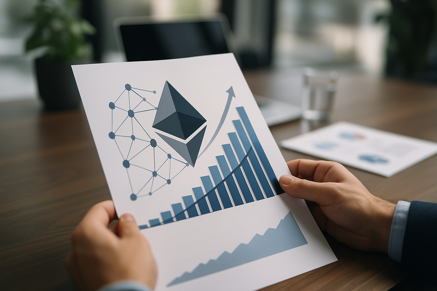 Rappresentazione astratta della crescita di ETH bloccati nello staking e della rete di validatori interconnessi