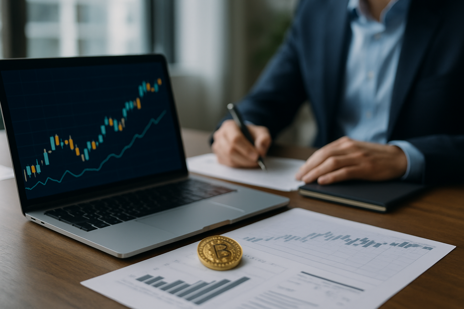 Andamento stilizzato di un grafico finanziario che rappresenta open interest e volatilità nei derivati su Bitcoin