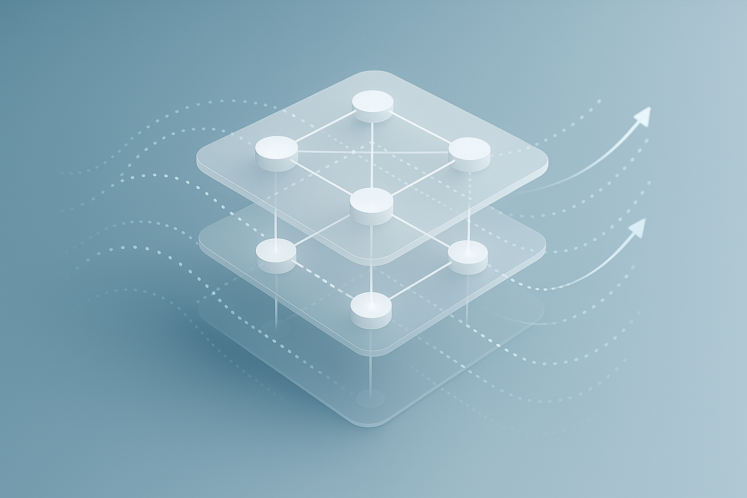 Schema concettuale di infrastruttura blockchain a più livelli con nodi e flussi di dati