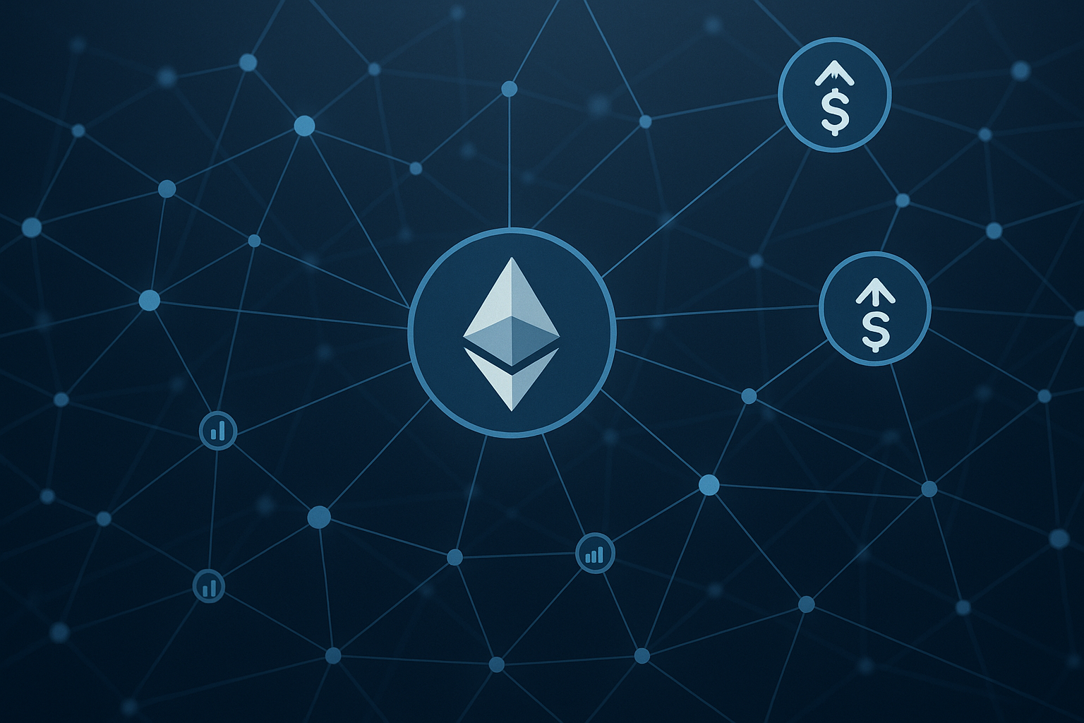 Rete blockchain stilizzata con nodi connessi che rappresentano lo staking e il rendimento su Ethereum