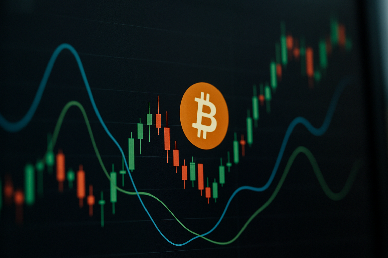 Rappresentazione astratta di futures e opzioni su Bitcoin con candele e curva di volatilità