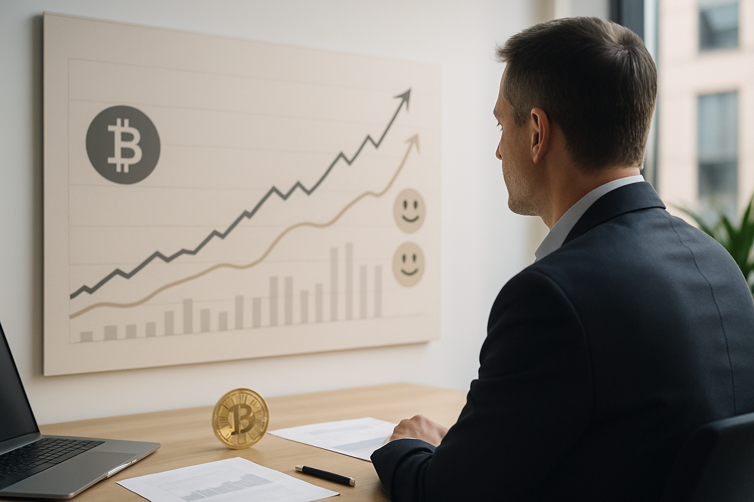 Rappresentazione astratta di trend di mercato e indicatori di sentiment legati a Bitcoin