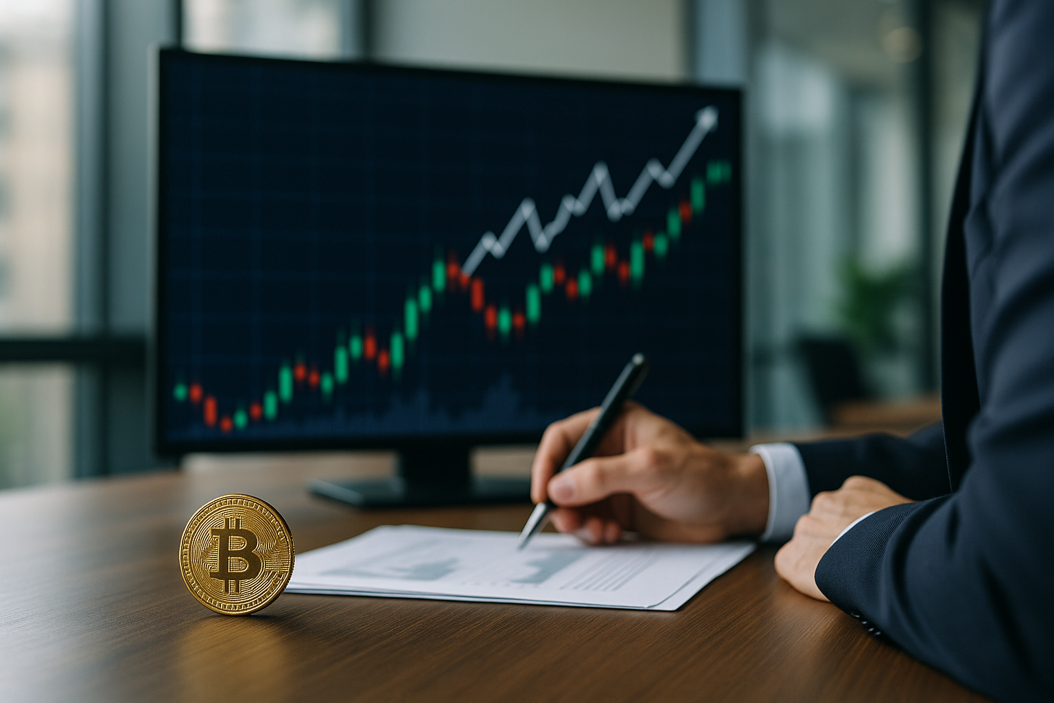 Andamento in aumento della volatilità implicita su un grafico stilizzato legato a Bitcoin