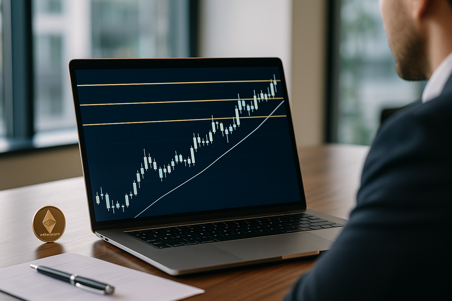 Grafico stilizzato con livelli di prezzo e candele che rappresentano soglie psicologiche su Ethereum