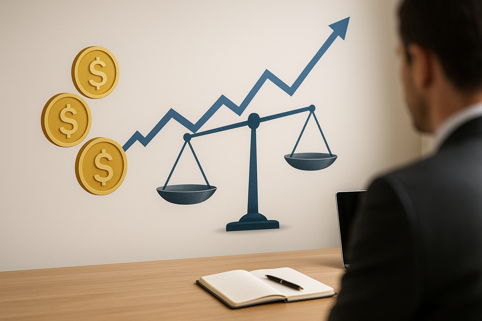 Illustrazione concettuale su stablecoin e riserve con bilancia e simboli di liquidità