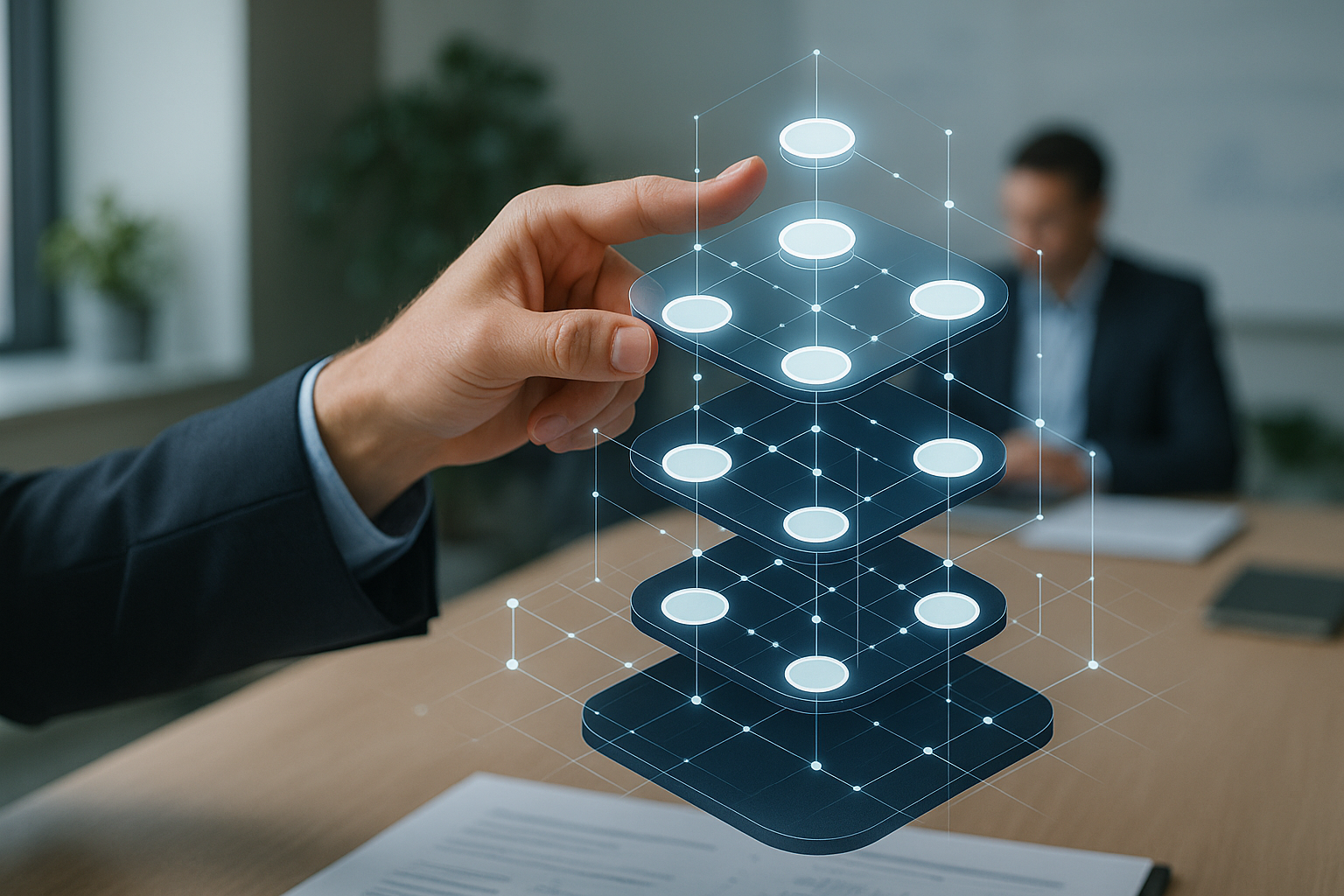 Schema concettuale di infrastruttura blockchain a livelli con nodi e flussi di dati