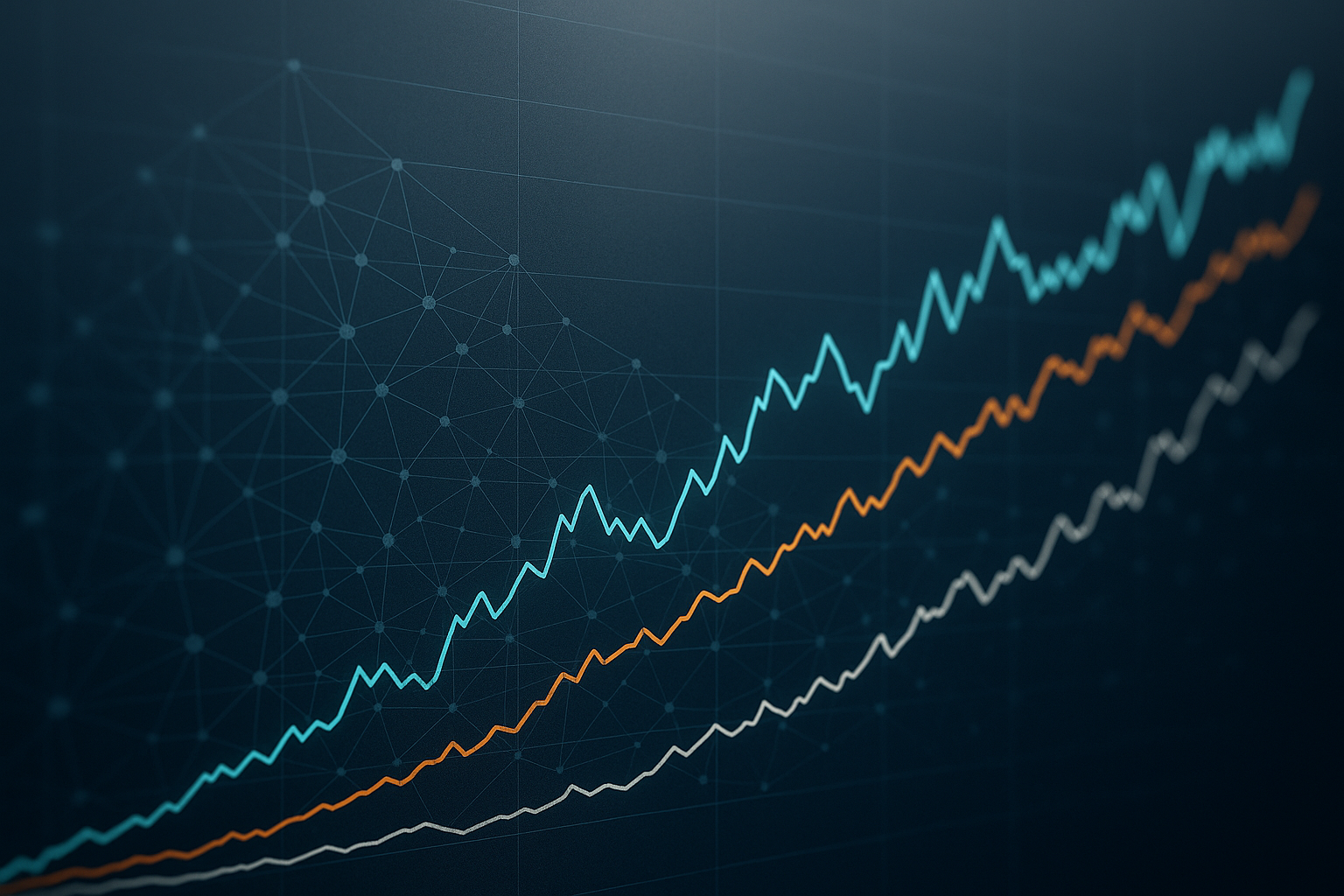 Grafico di mercato e rete blockchain che rappresentano la selezione di altcoin con forza relativa