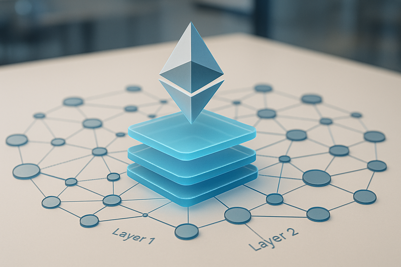 Schema concettuale di rete blockchain con nodi e livelli che rappresentano layer 1 e layer 2