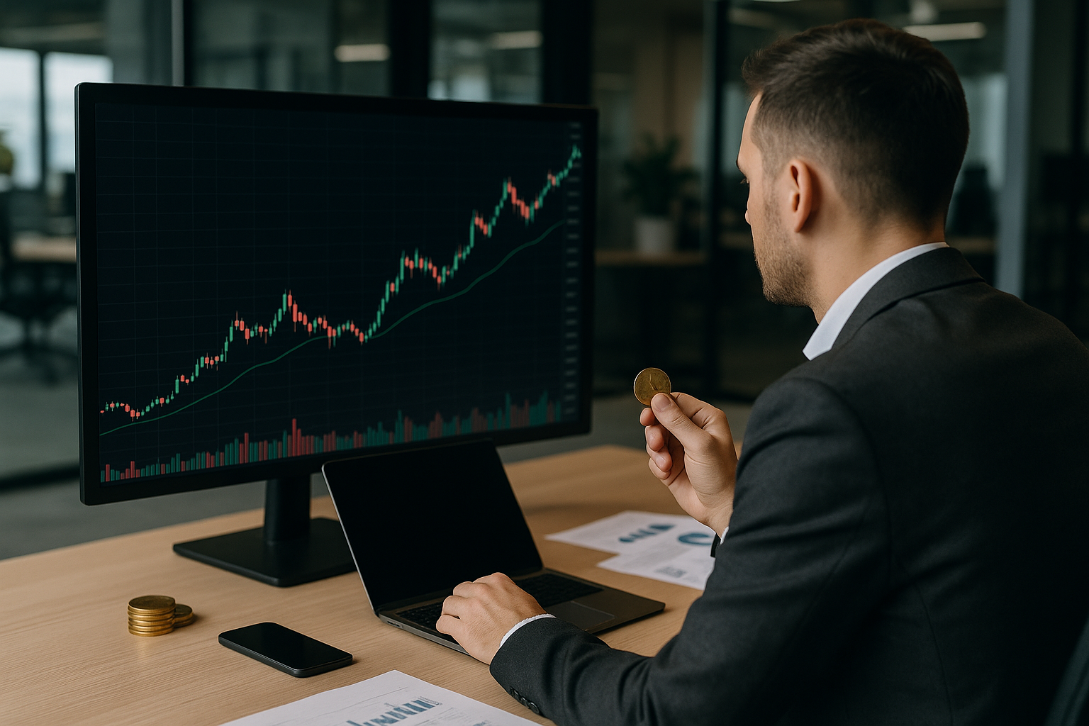 Grafico stilizzato di prezzo e volumi che rappresenta la volatilità dei token emergenti