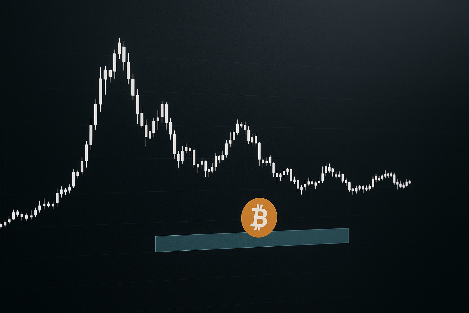 Grafico astratto che mostra Bitcoin stabile sopra una zona di supporto con volatilità in compressione