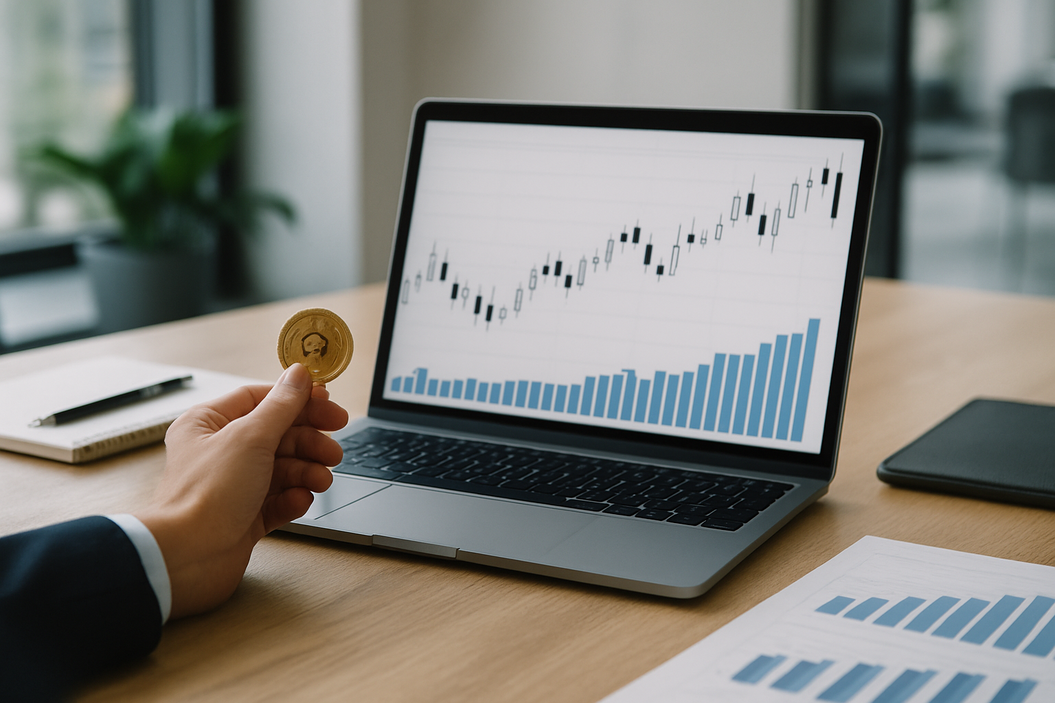 Grafico stilizzato con prezzo laterale e volumi in aumento che suggeriscono accumulo