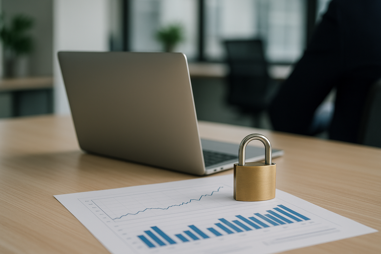 Oggetti da ufficio con lucchetto a simboleggiare sicurezza e gestione consapevole degli asset digitali