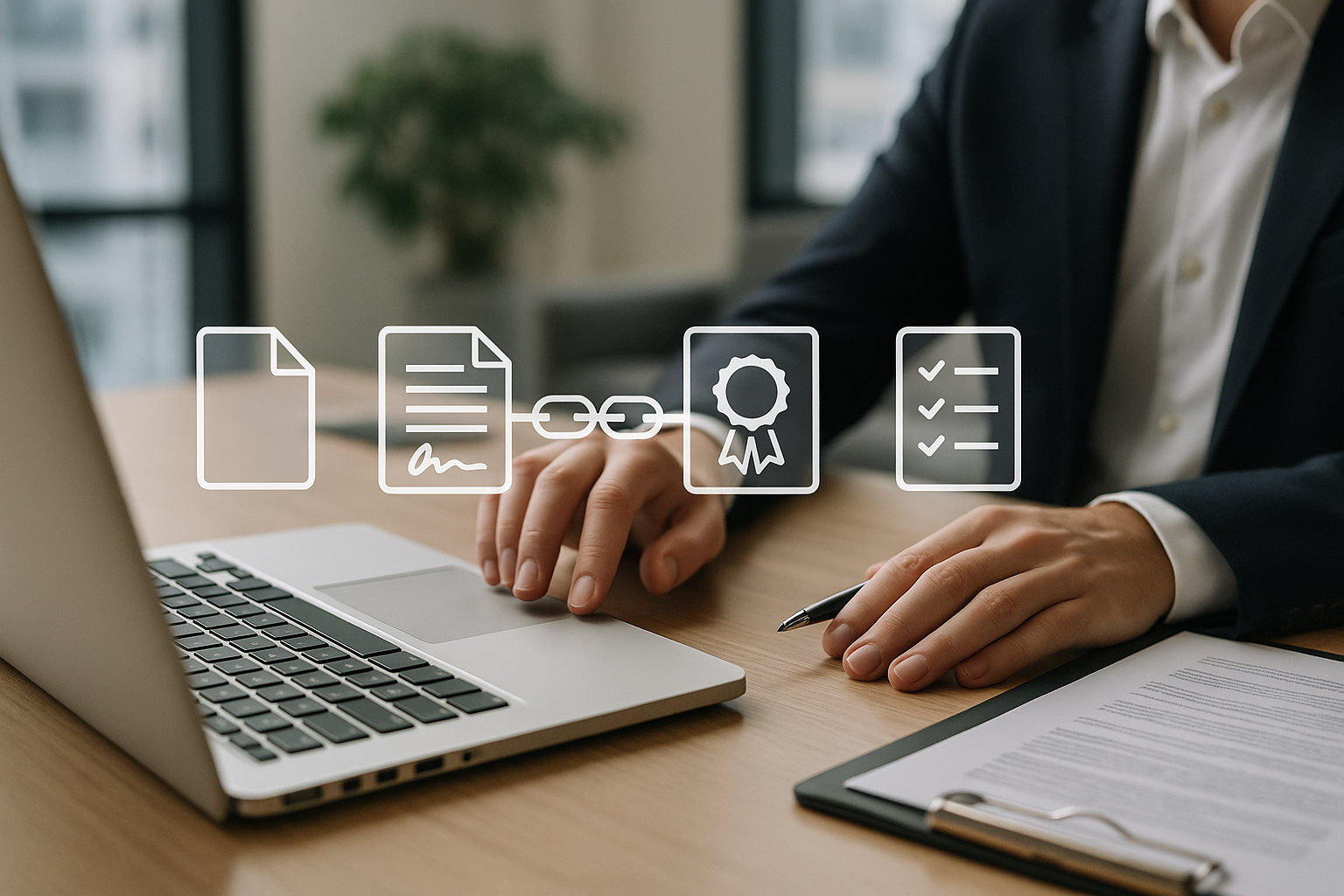 Rappresentazione concettuale di verifica di documenti e certificati tramite blockchain e hash