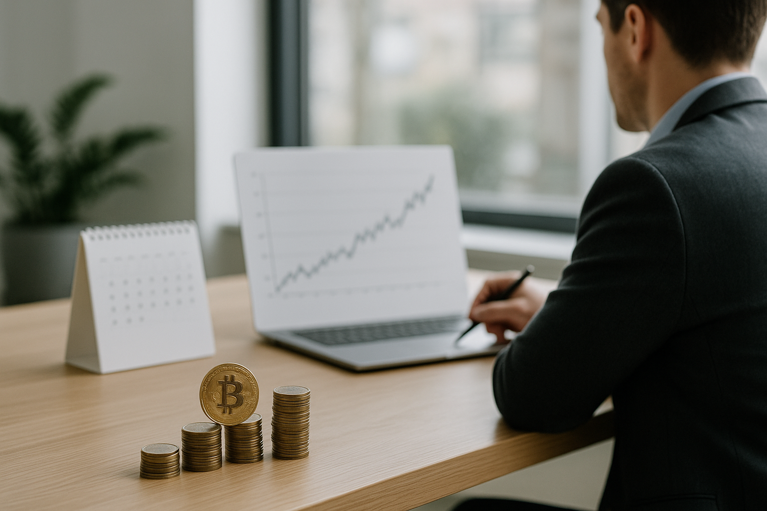 Calendario e grafico astratto che rappresentano la pianificazione dell’orizzonte temporale negli investimenti in cripto