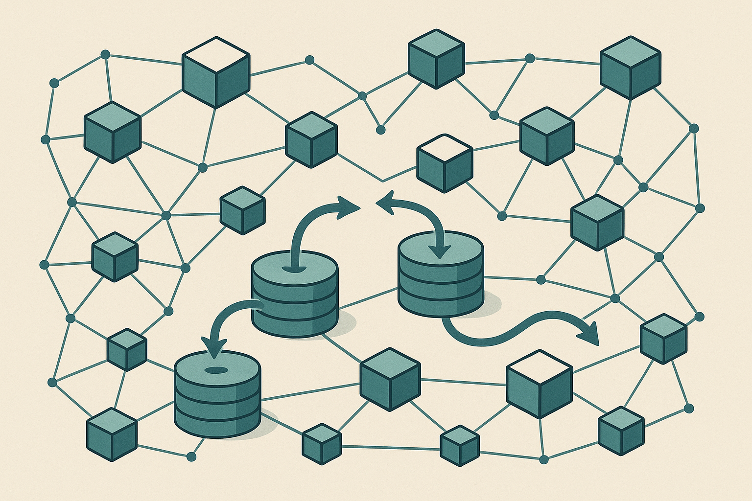 Schema concettuale di un ecosistema di finanza decentralizzata con protocolli interconnessi e flussi di liquidità
