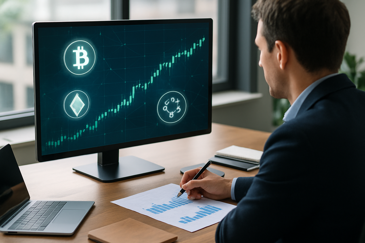 Investitore retail che analizza rischi e volatilità nel mercato cripto con approccio prudente
