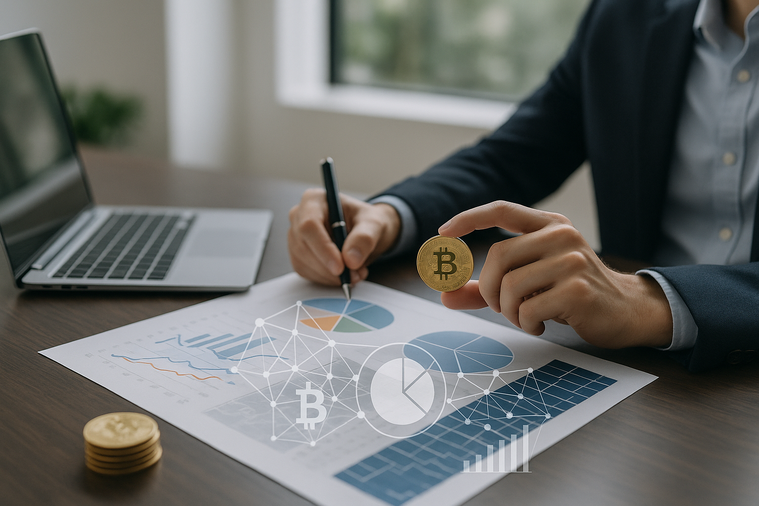 Grafici finanziari astratti e rete digitale a rappresentare diversificazione e rischio nel portafoglio con cripto