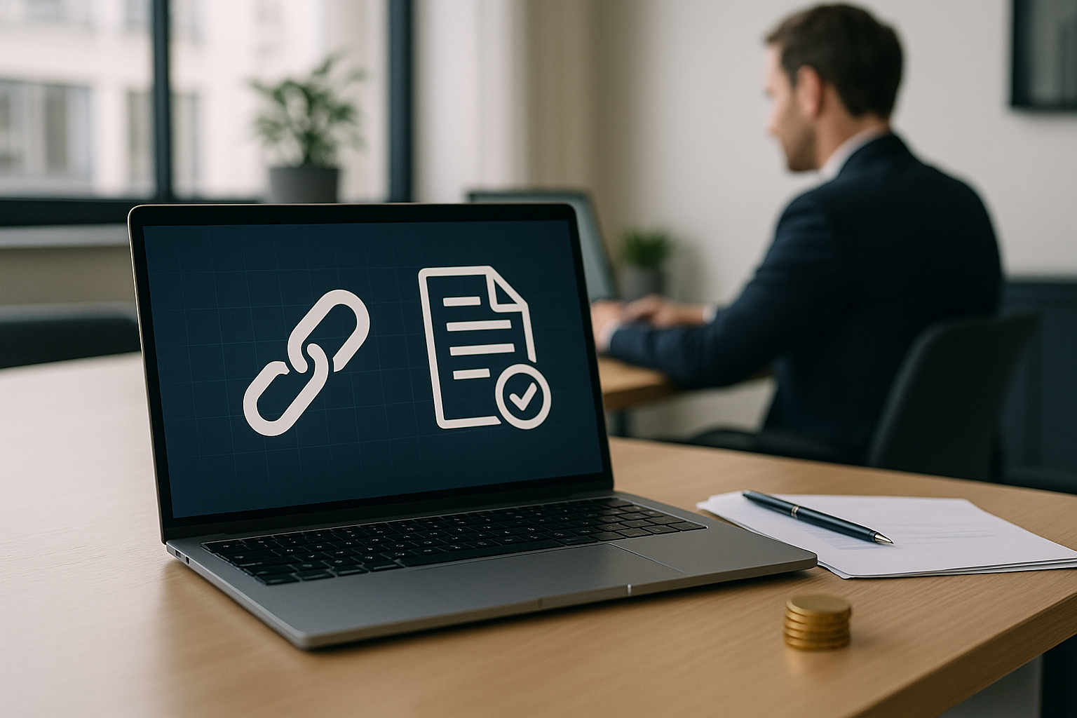 Concetto di tutela del copyright digitale con blockchain, catena e documento legale in stile minimal
