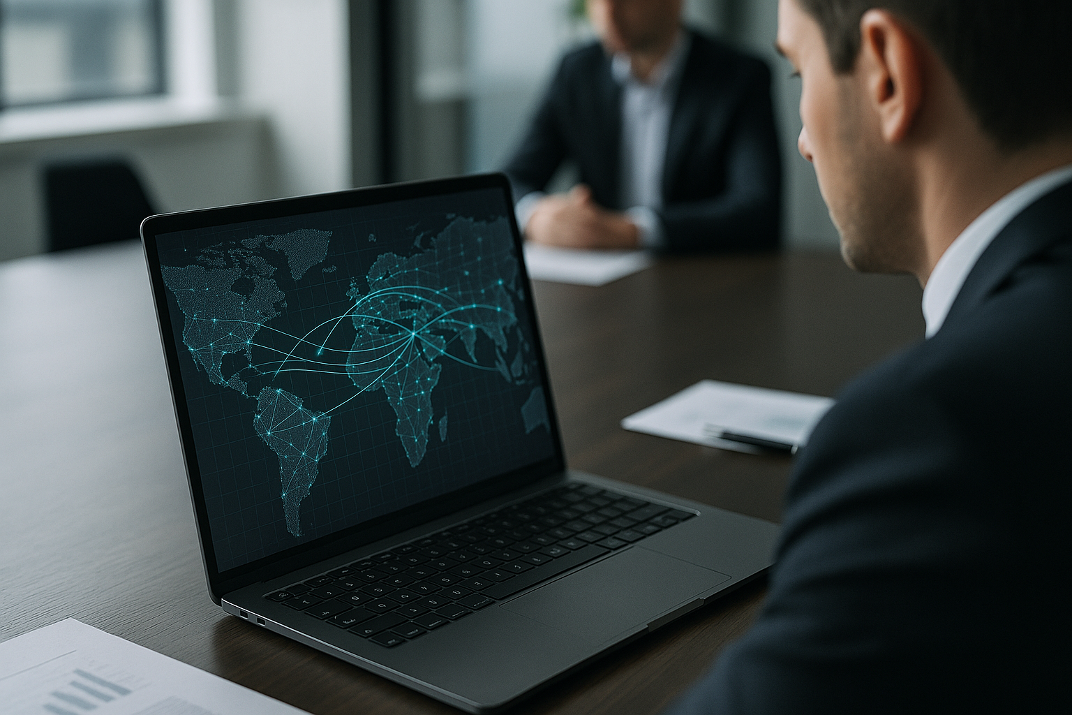 Schema concettuale di pagamenti transfrontalieri tramite rete blockchain con nodi e flussi digitali