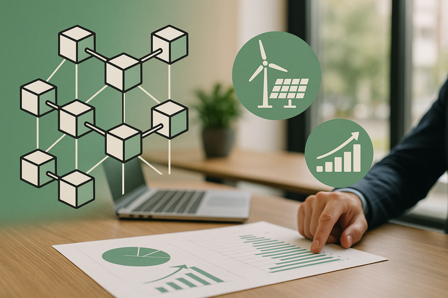 Schema concettuale di rete blockchain con indicatori di efficienza energetica e sostenibilità