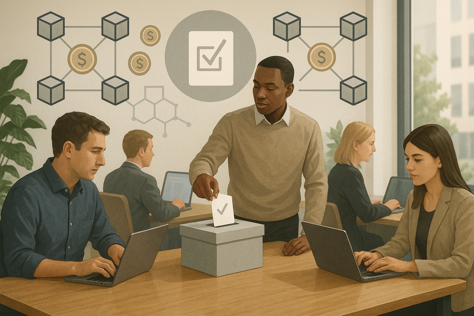 Schema concettuale di governance on-chain con votazione distribuita tra nodi blockchain