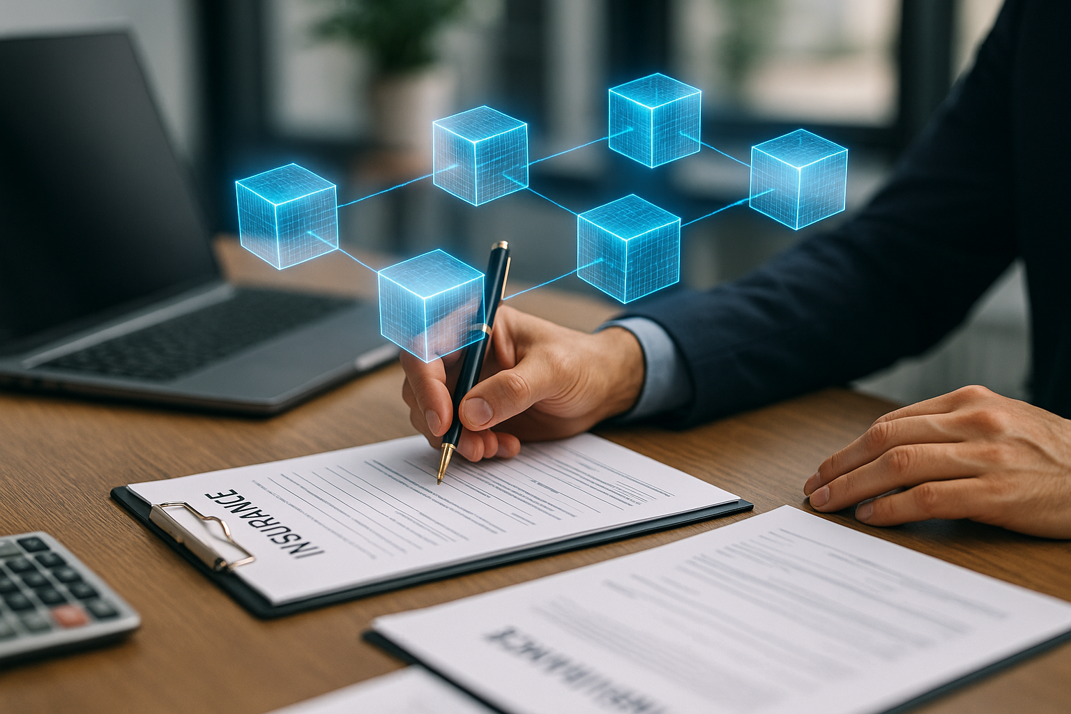 Registro digitale a blocchi che simboleggia l’uso della blockchain nei processi assicurativi