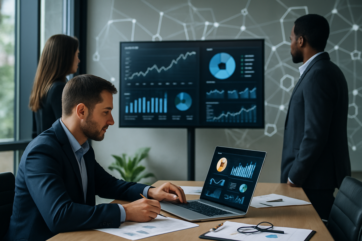Team aziendale che analizza dati su pagamenti digitali e blockchain in un ufficio moderno