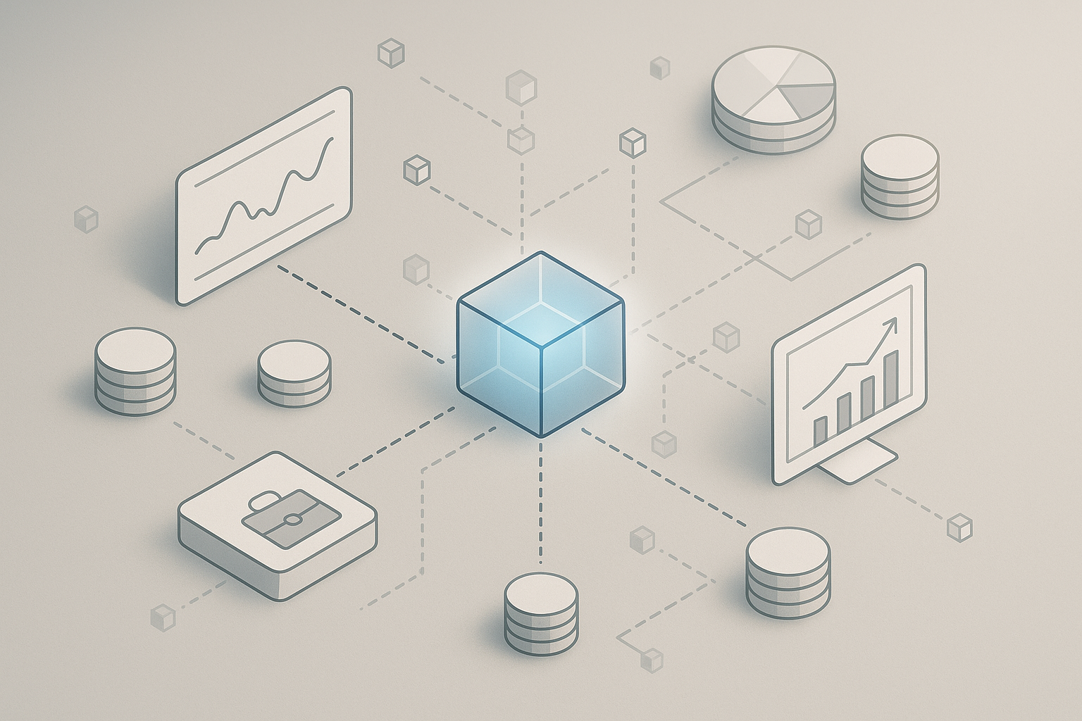 Schema concettuale di finanza aperta con dati, token e servizi integrati su blockchain