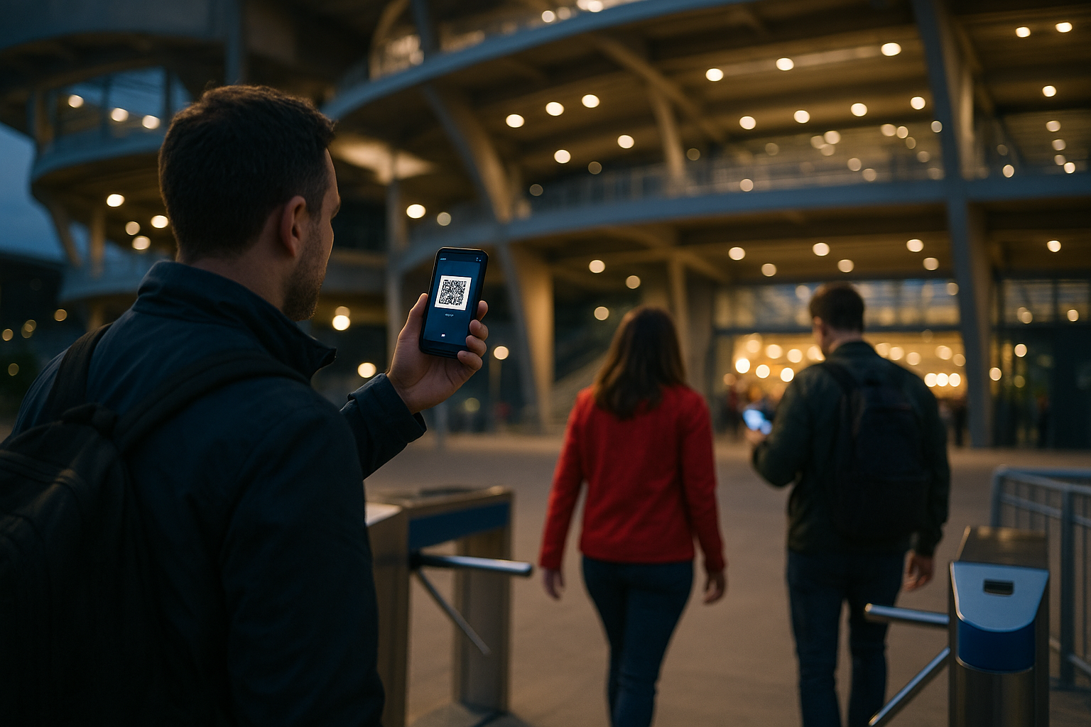 Tifosi allo stadio che utilizzano un pass digitale su smartphone per l’ingresso
