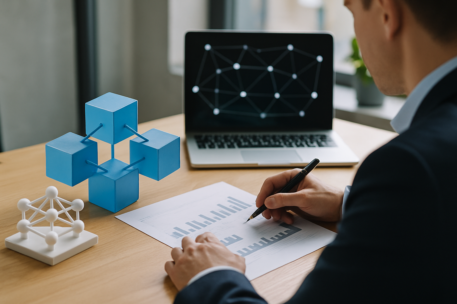 Rappresentazione astratta di una rete blockchain con nodi connessi e registri digitali